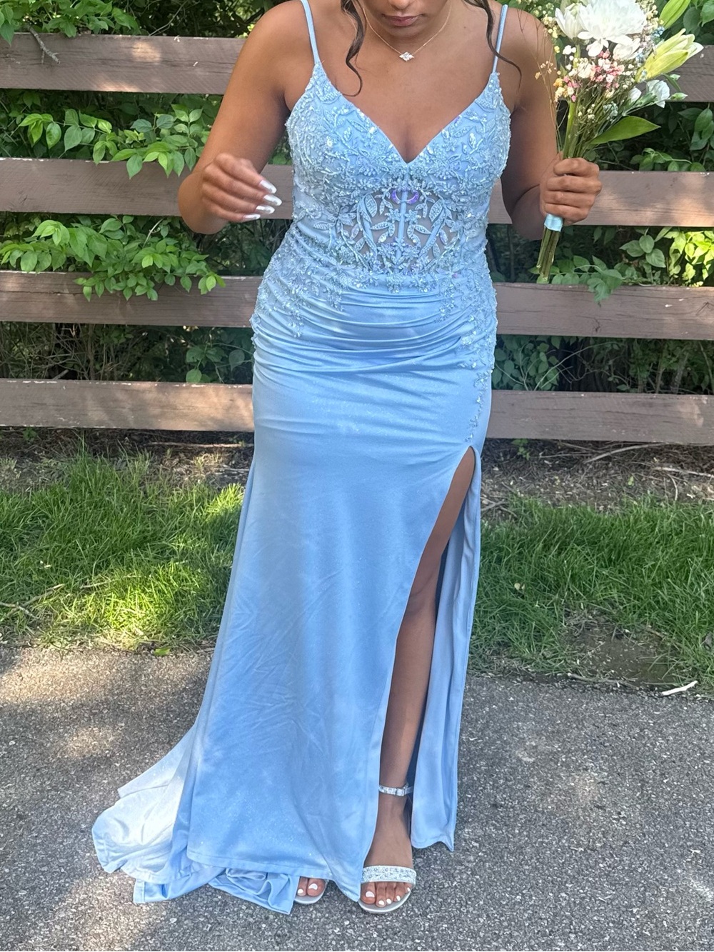 Elegant Lace-Detail Light Blue Evening Dress with Thigh Slit